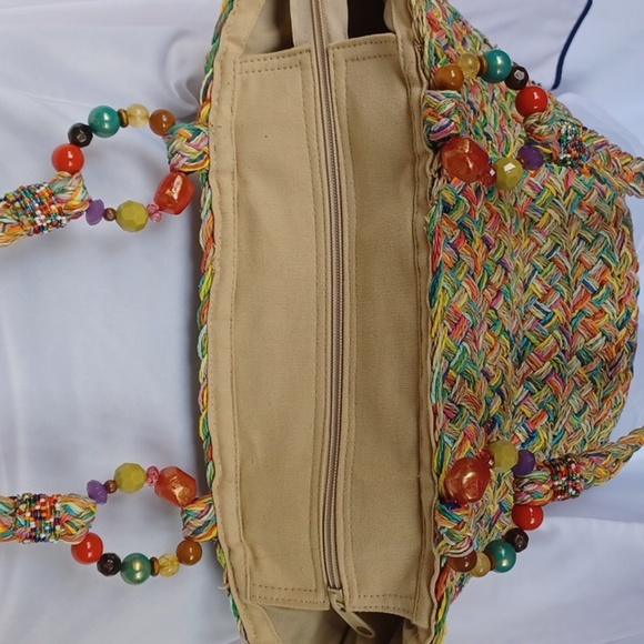 Cappelli Beach Tote, multicolor straw strands, braided, beaded handles 18x9x6 - Picture 6 of 7